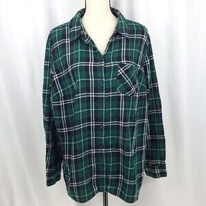 Faded Glory Long Sleeve Button Down Plaid Top Womens Plus Size 2X 18W-20W Green